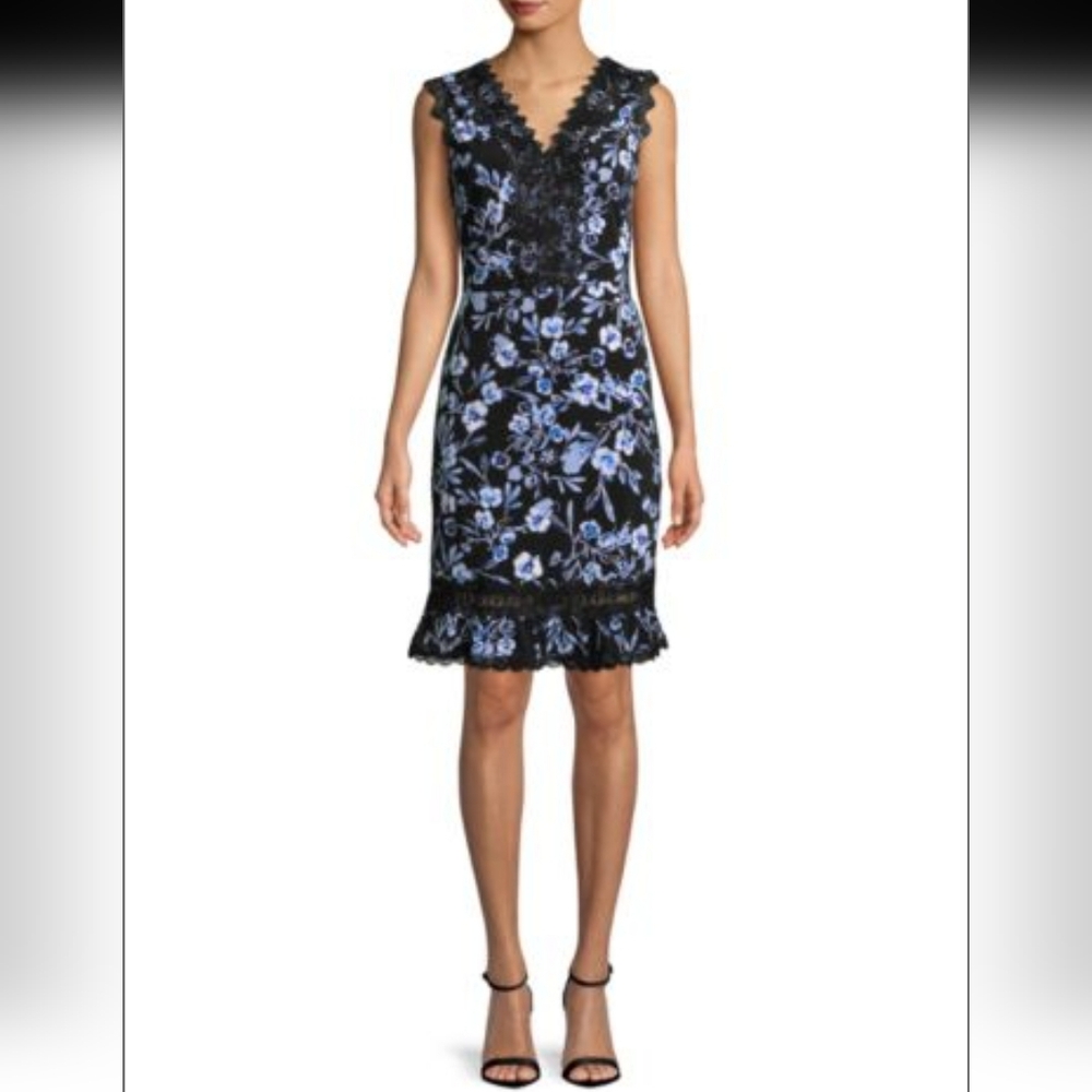 Karl Lagerfeld Paris Blue & Black Floral Pattern Midi Dress
